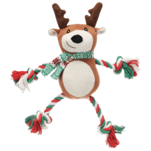 Jouet chien peluche caribou brun Vicente – couineur & corde en coton, thème Noël