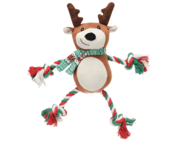 Jouet chien peluche caribou brun Vicente – couineur & corde en coton, thème Noël